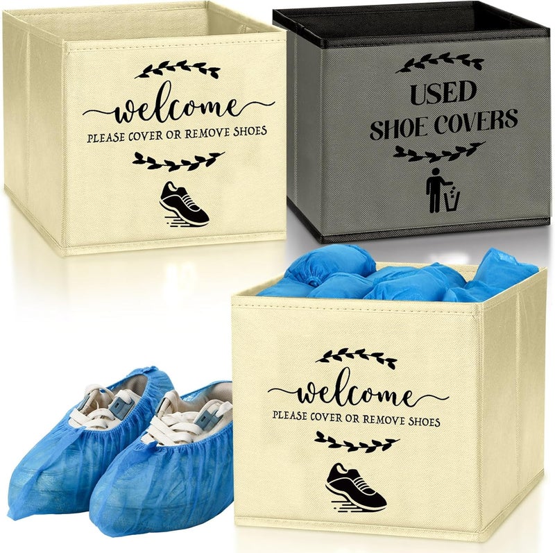 Singhoow 2 Pcs Shoe Cover Boxes Dispenser Foldable Storage Bins, Used Shoe Covers and Welcome Please or Remove Sign Entryway Basket Holder for Open House Supplies(Dark Gray, Beige) - Image 1